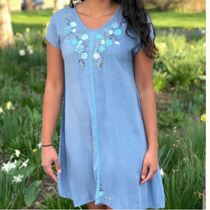 Foggy Blue Embroidered Dress ~ S ~ * SALE ! *